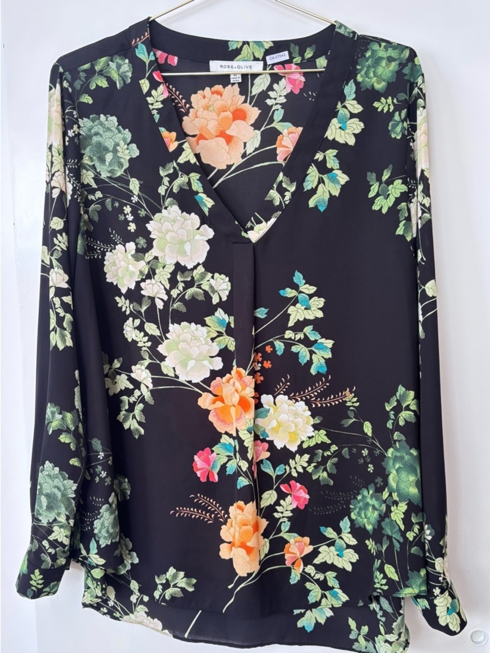 Rose & Olive Black Floral Split-Neck Blouse